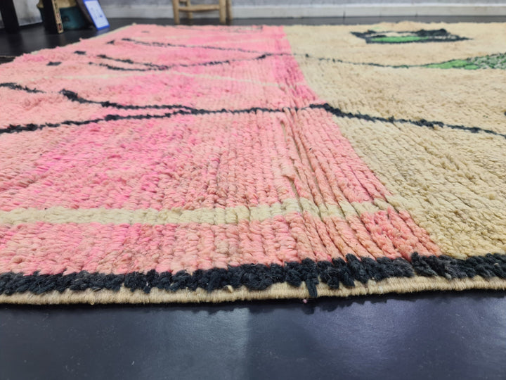 artistic boujad rug,  moroccan rug , berber rug, abstract wool rug, pink and green wool rug, handwoven rug, winter rug, area rug