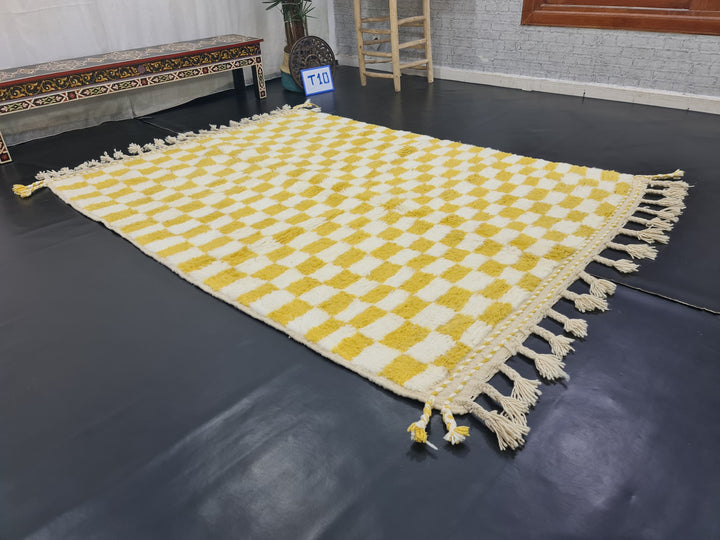 AMAZING BENIOURAIN RUG, Moroccan Rug , Yellow And White Rug, Tribal Rug, Berber Rug, Checkered Rug, Handwoven Rug, Winter Rug, Area Rug