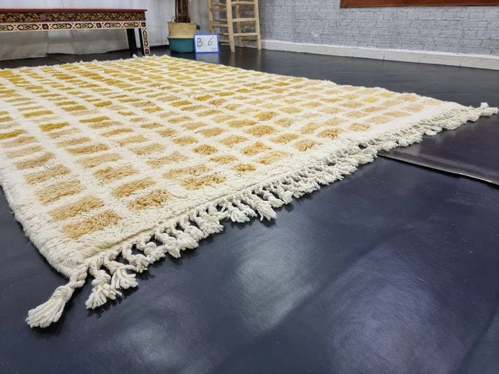 CUSTOM BENIOURAIN RUG, Moroccan Handmade Rug, Sheep Wool Rug, Tribal Checkered Rug, Moroccan Berber Area Rug, Orange And Cream Rug, Area Rug