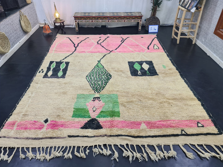 artistic boujad rug,  moroccan rug , berber rug, abstract wool rug, pink and green wool rug, handwoven rug, winter rug, area rug