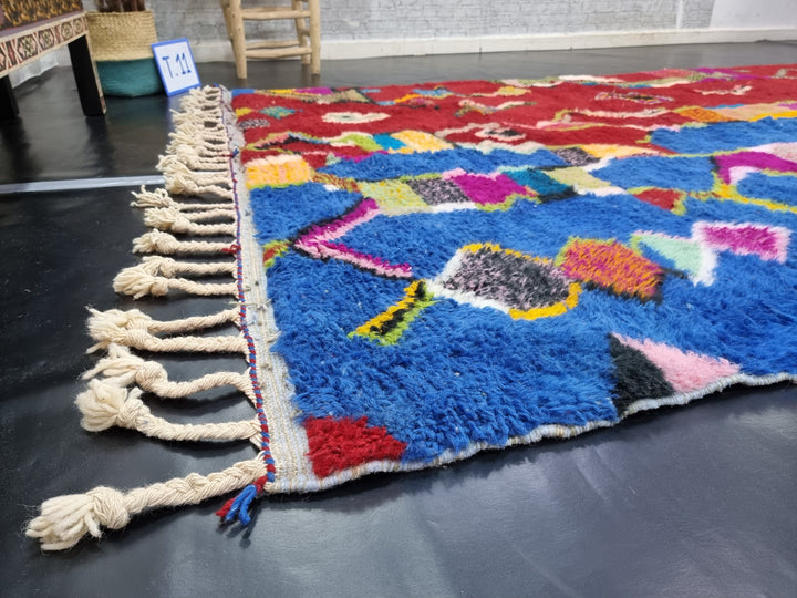 ARTISTIC BENIOURAIN RUG, Moroccan Handmade Rug , Red And Blue Rug, Berber Wool Rug, Berber Rug, Abstract Rug,Berber Handwoven Rug