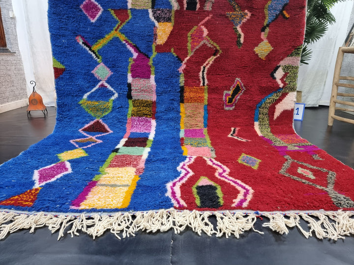 ARTISTIC BENIOURAIN RUG, Moroccan Handmade Rug , Red And Blue Rug, Berber Wool Rug, Berber Rug, Abstract Rug,Berber Handwoven Rug