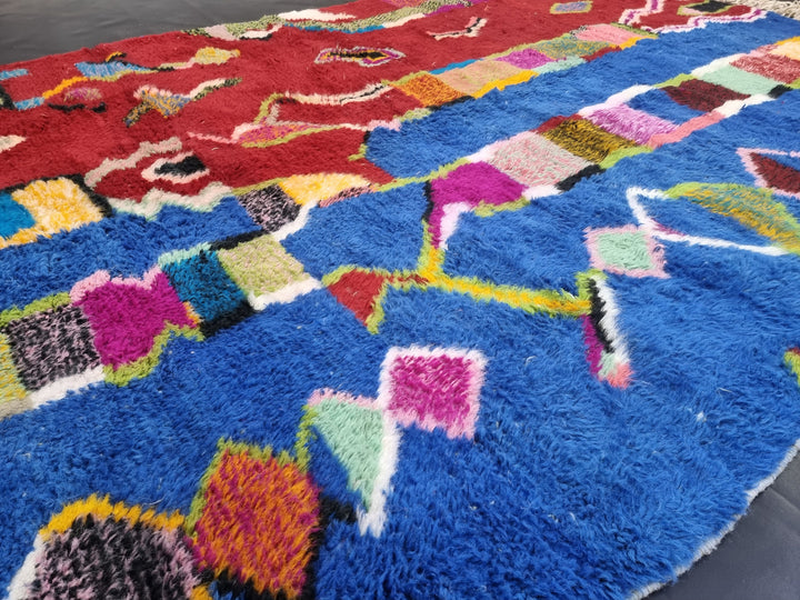 ARTISTIC BENIOURAIN RUG, Moroccan Handmade Rug , Red And Blue Rug, Berber Wool Rug, Berber Rug, Abstract Rug,Berber Handwoven Rug