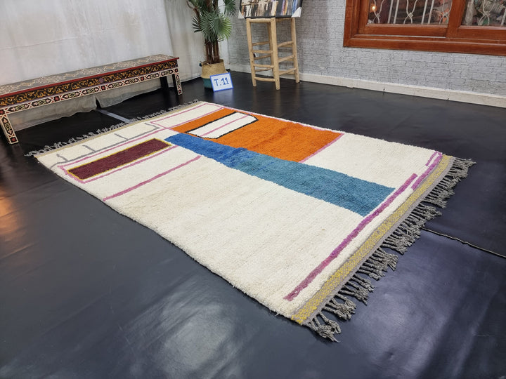 ARTISTIC BENIOURAIN RUG, Moroccan Handmade Rug , Blue And Orange Rug, Berber Wool Rug, Berber Rug, Abstract Rug, Berber Handwoven Rug