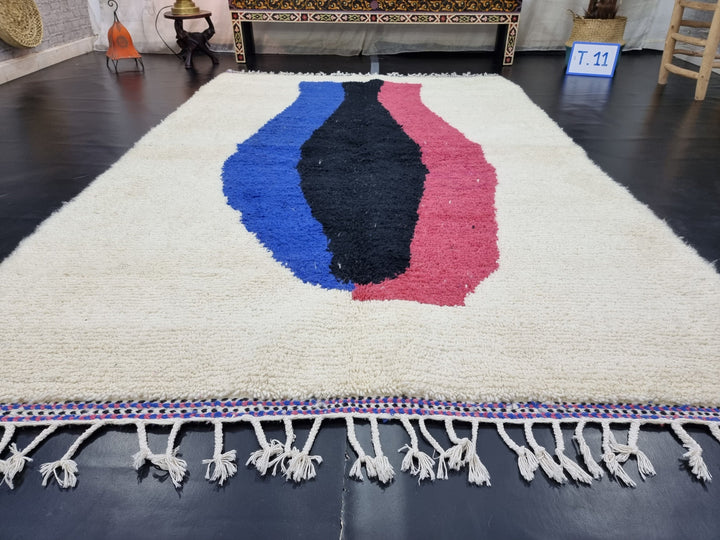 BEAUTIFUL BENIOURAIN RUG, Moroccan Handmade Rug , Blue And Pink Rug, Berber Wool Rug, Berber Rug, Abstract Rug, Berber Handwoven Rug