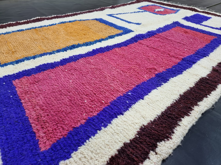 AMAZING BENIOURAIN RUG, Moroccan Handmade Rug , Dark Blue And Pink Rug, Berber Wool Rug, Berber Rug, Abstract Rug, Berber Handwoven Rug