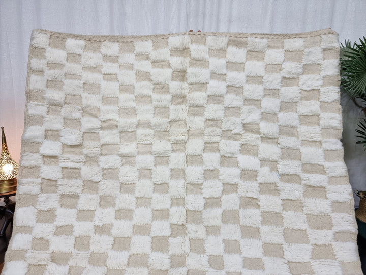 STUNNING BENIOURAIN RUG, Moroccan Handmade Rug , White and Ivory Rug, Berber Wool Rug, Berber Rug, Check Grooved Rug Square Handwoven Rug