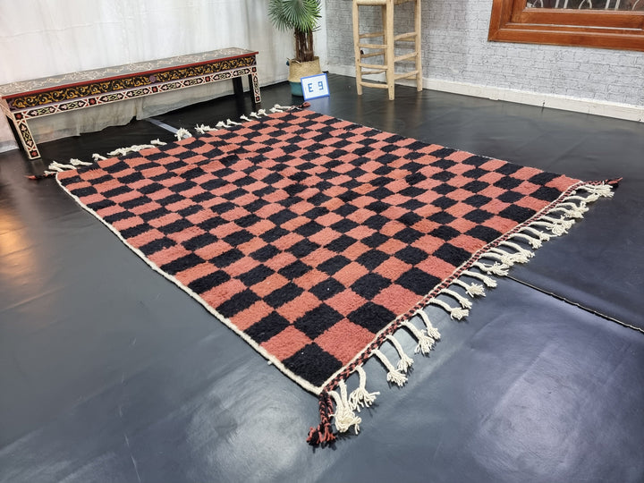 ARTISTIC BENIOURAIN RUG, Moroccan Handmade Rug , Black and Brick Orange Rug, Berber Wool Rug, Berber Rug, Check Rug, Berber Handwoven Rug