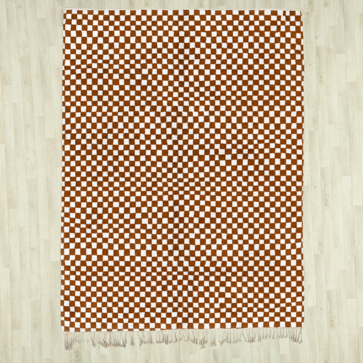 A custom Brown Bohemian Moroccan Beni Ourain checkered rug