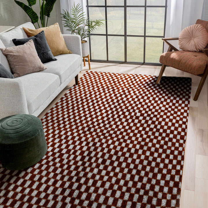 A custom Brown Bohemian Moroccan Beni Ourain checkered rug