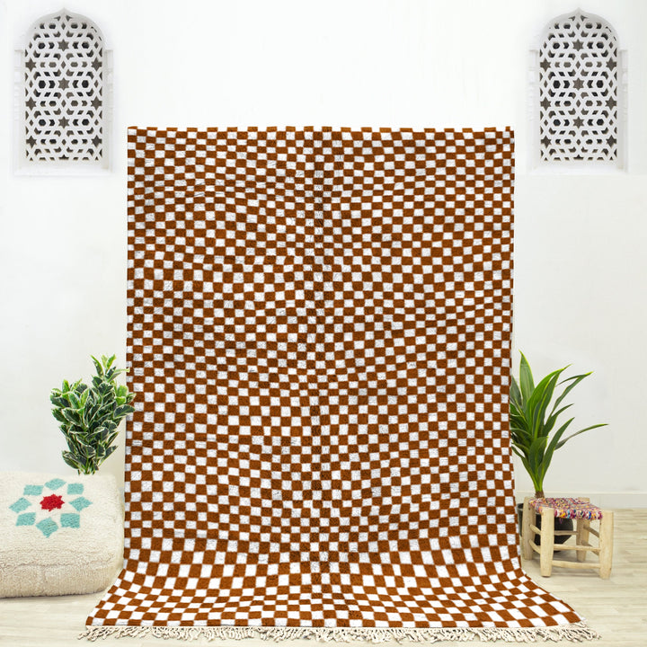 A custom Brown Bohemian Moroccan Beni Ourain checkered rug