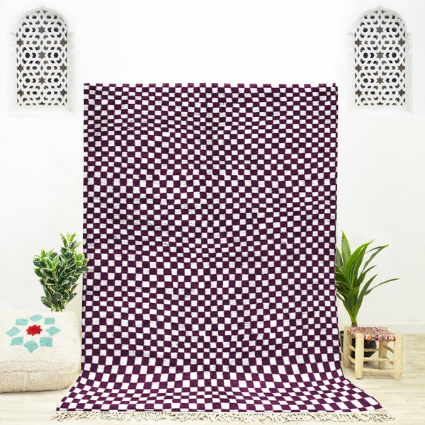 Beni ourain checkered rug  Purple and White checkered area rug for bedroom