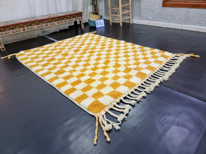 PRETTY BENIOURAIN RUG, Moroccan Handmade Rug , Turmeric Yellow Rug, Berber Wool Rug, Berber Rug, Checkered Rug, Berber Rug, Handwoven Rug