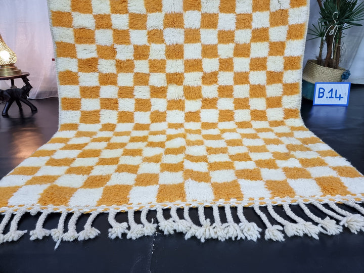 PRETTY BENIOURAIN RUG, Moroccan Handmade Rug , Turmeric Yellow Rug, Berber Wool Rug, Berber Rug, Checkered Rug, Berber Rug, Handwoven Rug