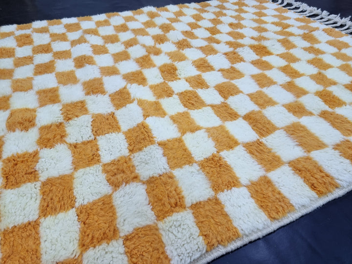 PRETTY BENIOURAIN RUG, Moroccan Handmade Rug , Turmeric Yellow Rug, Berber Wool Rug, Berber Rug, Checkered Rug, Berber Rug, Handwoven Rug