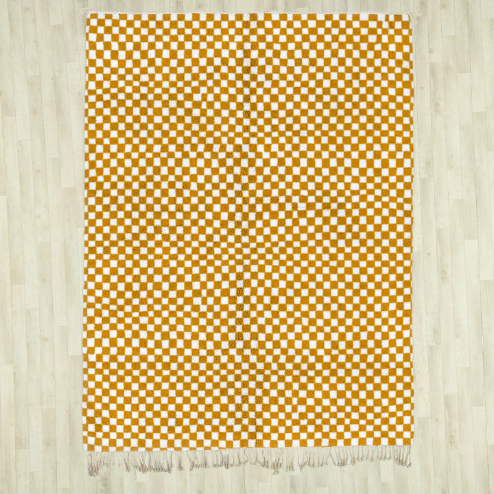 Custom Yellow Moroccan Beni Ourain checkered rug