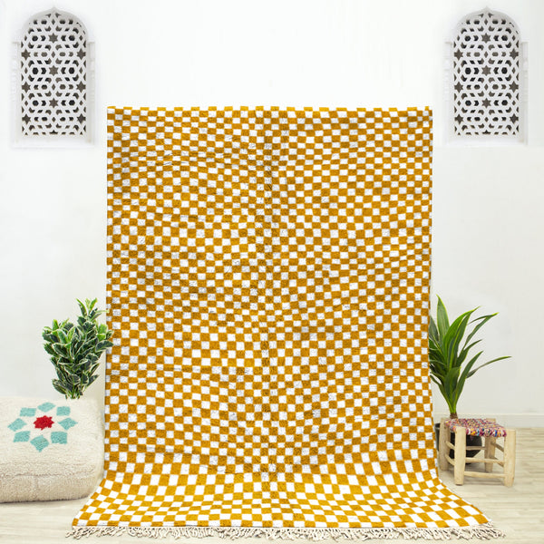 Custom Yellow Moroccan Beni Ourain checkered rug