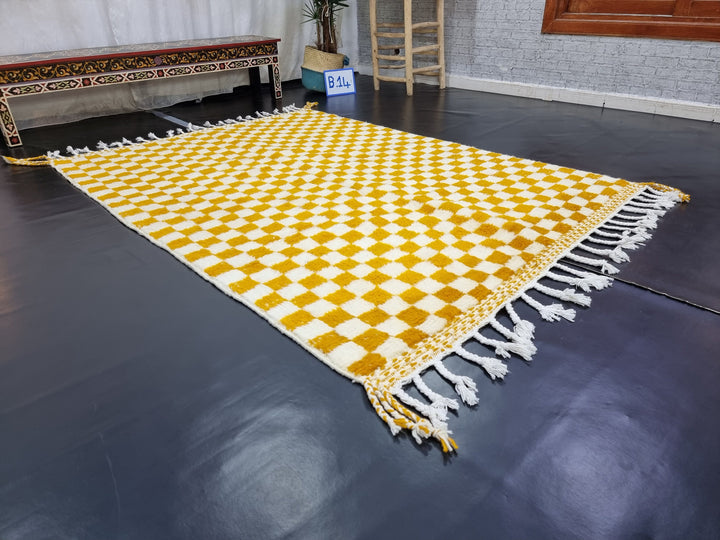 PRETTY BENIOURAIN RUG, Moroccan Handmade Rug , Turmeric Yellow Rug, Berber Wool Rug, Berber Rug, Checkered Rug, Berber Rug, Handwoven Rug