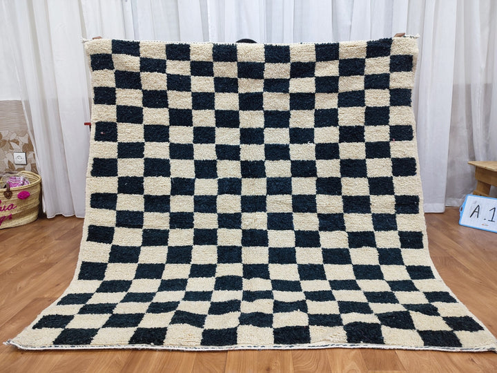   feet Moroccan Berber shaggy rug  Blue and white Wool Checkered rug , Handwoven checkered rug