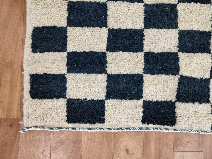   feet Moroccan Berber shaggy rug  Blue and white Wool Checkered rug , Handwoven checkered rug