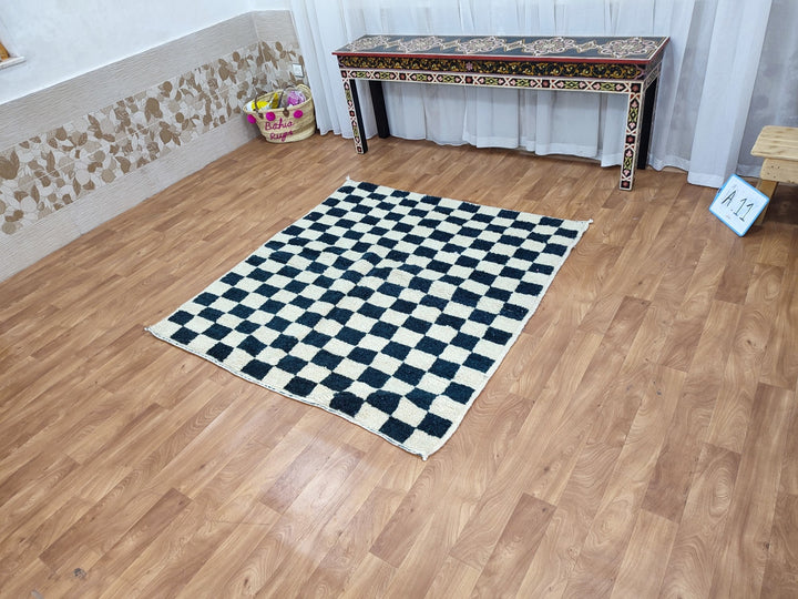   feet Moroccan Berber shaggy rug  Blue and white Wool Checkered rug , Handwoven checkered rug