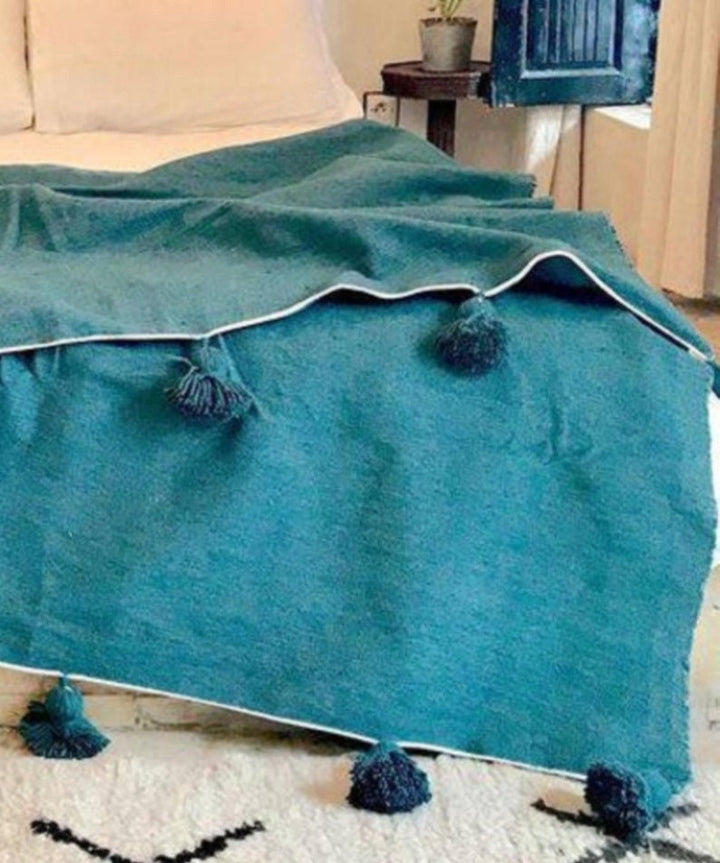 Turquoise Pompom Blanket,Boho Blanket,Berber Blanket,Handwoven Blanket,moroccan throw blanket,bed spread,woven blanket,bed throw with tassel