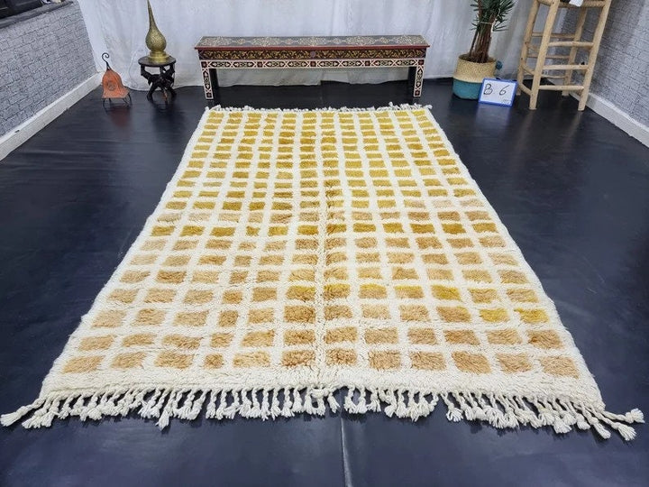 CUSTOM BENIOURAIN RUG, Moroccan Handmade Rug, Sheep Wool Rug, Tribal Checkered Rug, Moroccan Berber Area Rug, Orange And Cream Rug, Area Rug