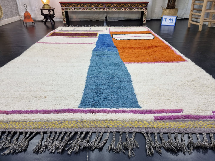 ARTISTIC BENIOURAIN RUG, Moroccan Handmade Rug , Blue And Orange Rug, Berber Wool Rug, Berber Rug, Abstract Rug, Berber Handwoven Rug