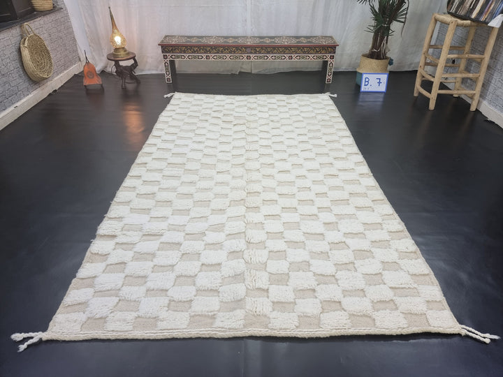 PRETTY BENIOURAIN RUG, Moroccan Wool Rug , White Rug, Handmade Rug, Handwoven Rug, Checkered Rug, Berber Rug, Area Wool Rug, Azilal Rug