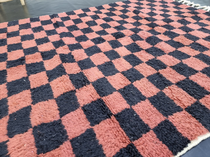 ARTISTIC BENIOURAIN RUG, Moroccan Handmade Rug , Black and Brick Orange Rug, Berber Wool Rug, Berber Rug, Check Rug, Berber Handwoven Rug