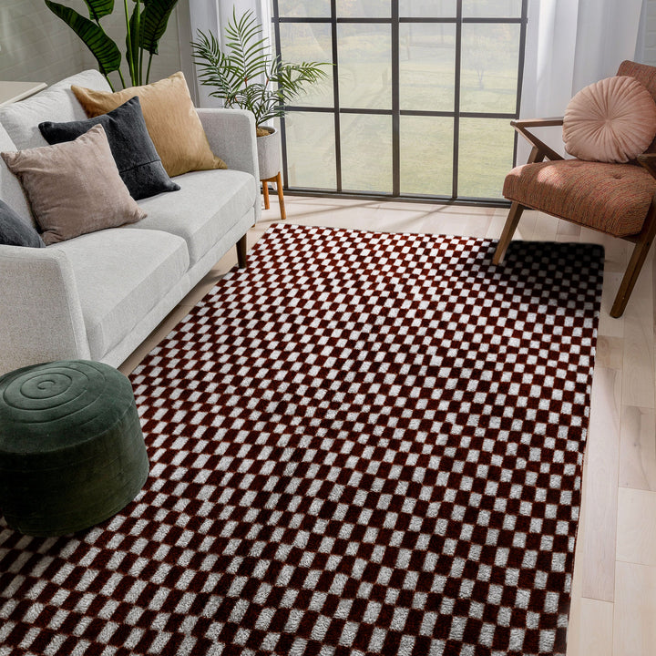 Brown and White Checkered Rug, Moroccan Rug, Shag Rug, Beni Ourain Rug, Checkerboard Rug, Area Rug , Bedroom Rug