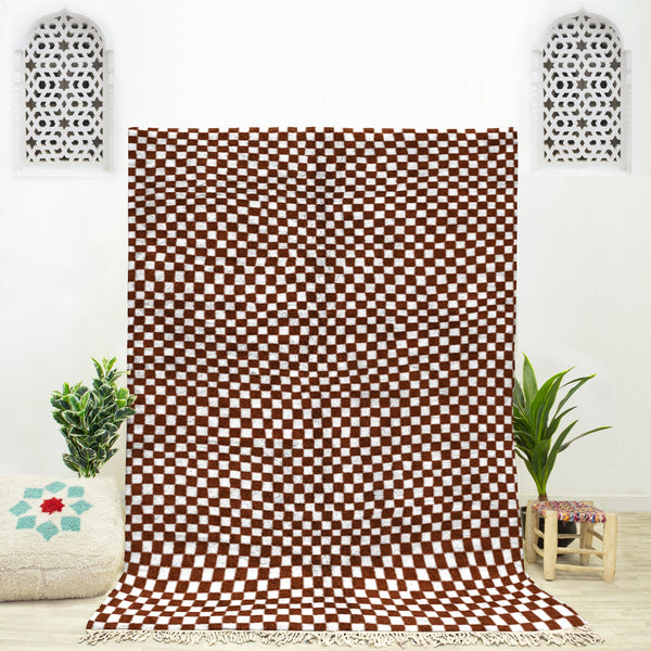 Brown and White Checkered Rug, Moroccan Rug, Shag Rug, Beni Ourain Rug, Checkerboard Rug, Area Rug , Bedroom Rug