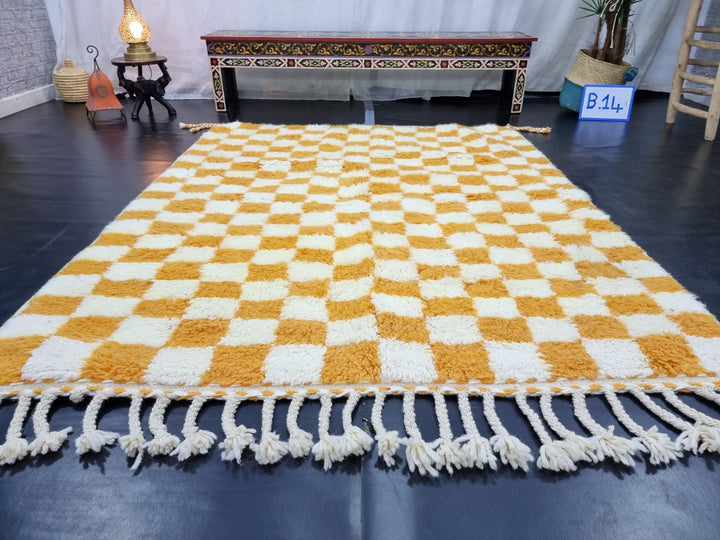 PRETTY BENIOURAIN RUG, Moroccan Handmade Rug , Turmeric Yellow Rug, Berber Wool Rug, Berber Rug, Checkered Rug, Berber Rug, Handwoven Rug