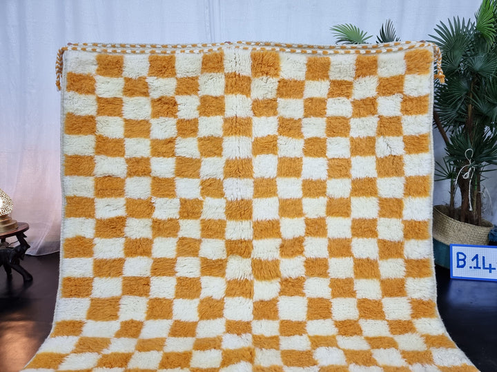 PRETTY BENIOURAIN RUG, Moroccan Handmade Rug , Turmeric Yellow Rug, Berber Wool Rug, Berber Rug, Checkered Rug, Berber Rug, Handwoven Rug