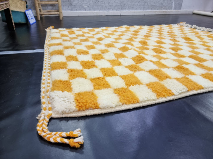 PRETTY BENIOURAIN RUG, Moroccan Handmade Rug , Turmeric Yellow Rug, Berber Wool Rug, Berber Rug, Checkered Rug, Berber Rug, Handwoven Rug