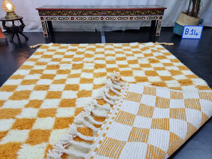 PRETTY BENIOURAIN RUG, Moroccan Handmade Rug , Turmeric Yellow Rug, Berber Wool Rug, Berber Rug, Checkered Rug, Berber Rug, Handwoven Rug