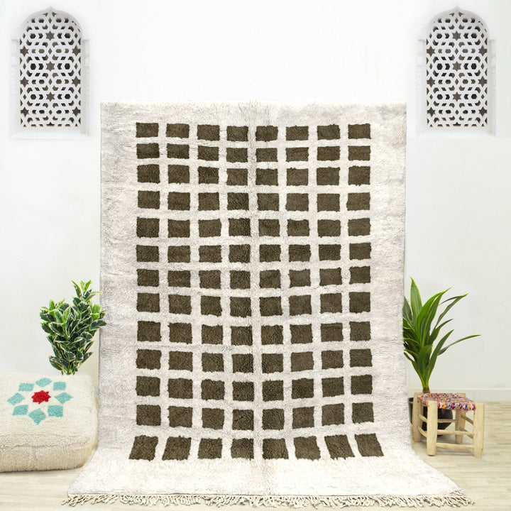 Green and White Moroccan Rug, Checkered Rug, Shag Rug, Beni Ourain Rug, Handmade Rug, Area Rug , Rug for Living Room