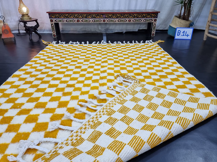 PRETTY BENIOURAIN RUG, Moroccan Handmade Rug , Turmeric Yellow Rug, Berber Wool Rug, Berber Rug, Checkered Rug, Berber Rug, Handwoven Rug