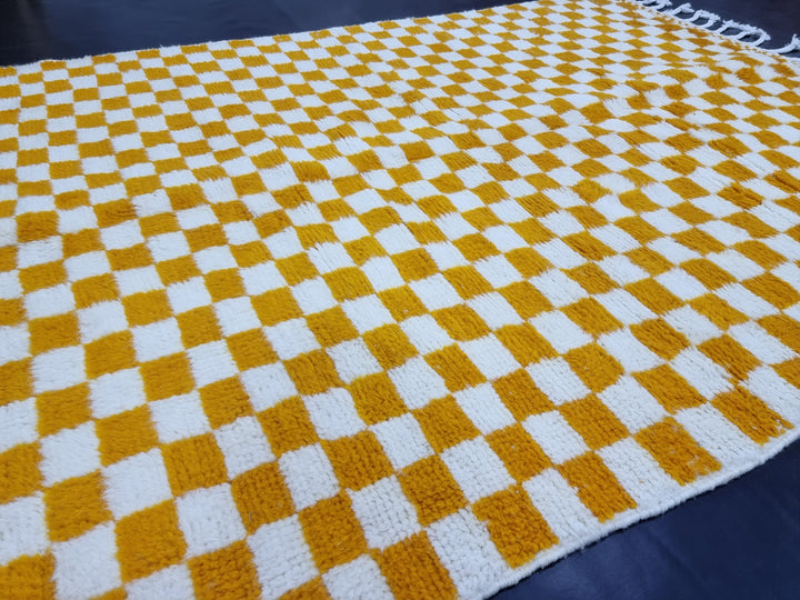 PRETTY BENIOURAIN RUG, Moroccan Handmade Rug , Turmeric Yellow Rug, Berber Wool Rug, Berber Rug, Checkered Rug, Berber Rug, Handwoven Rug