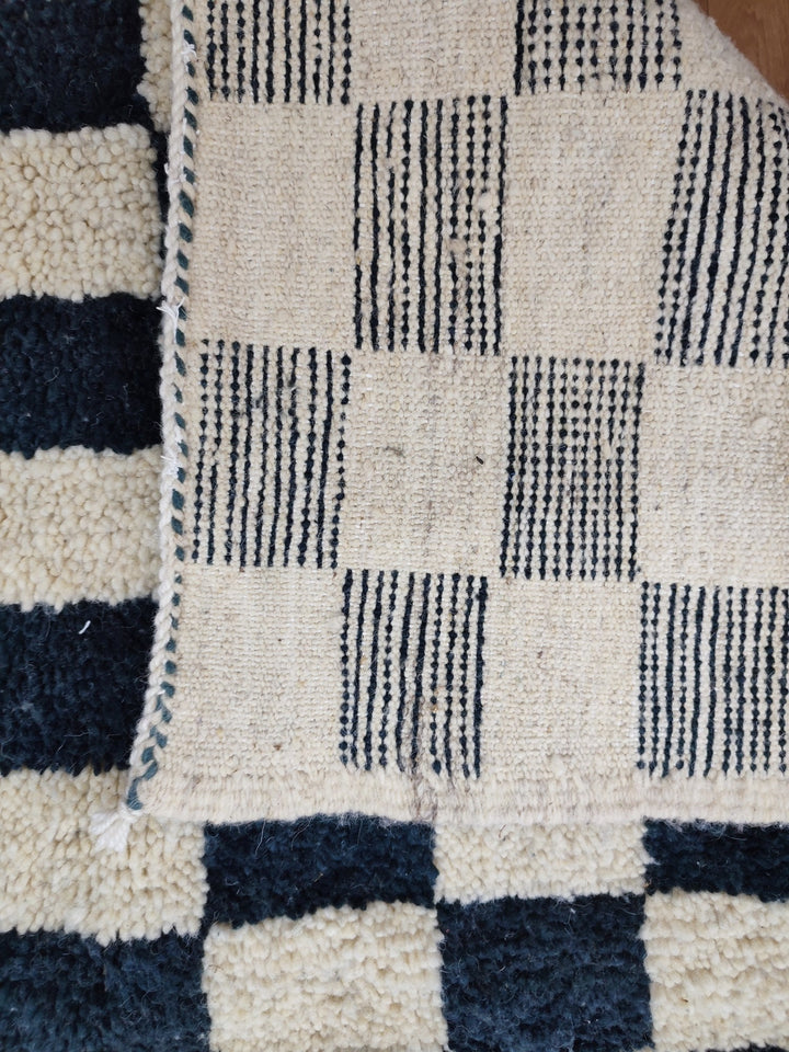   feet Moroccan Berber shaggy rug  Blue and white Wool Checkered rug , Handwoven checkered rug