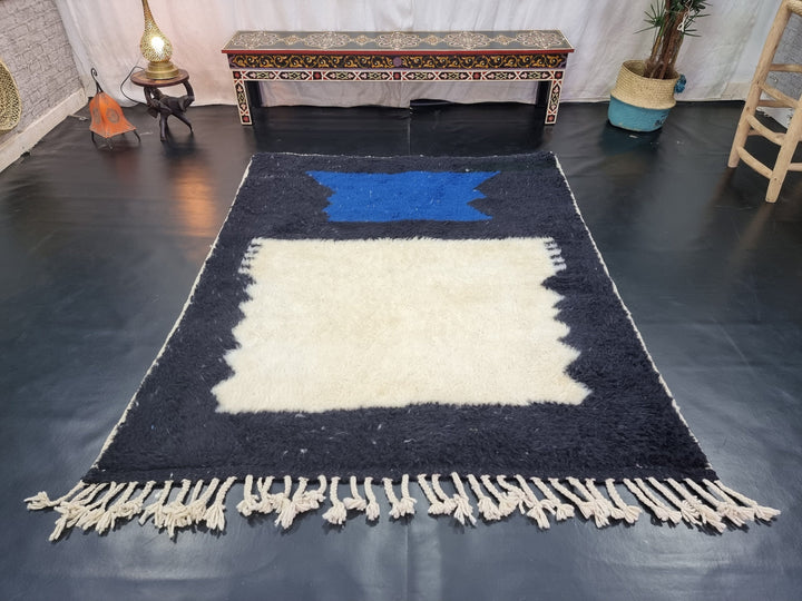 STUNNING BENIOURAIN RUG, Handmade Wool Rug, Moroccan Rug, Abstract Blue And Black Rug, Sheep Wool Rug, Handwoven Rug, Berber Rug, Plain Rug