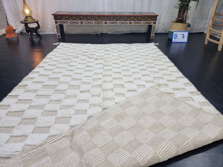 PRETTY BENIOURAIN RUG, Moroccan Wool Rug , White Rug, Handmade Rug, Handwoven Rug, Checkered Rug, Berber Rug, Area Wool Rug, Azilal Rug