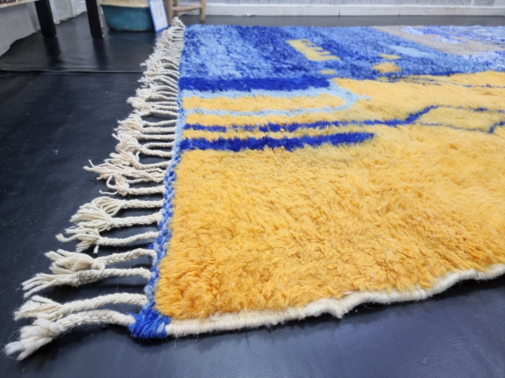 UNIQUE BENIOURAIN RUG, Moroccan Rug, Blue  Yellow Rug, Abstract Rug, Handmade Rug, Handwoven Rug, Plain Rug, Bohemian Rug, Blue Area Rug