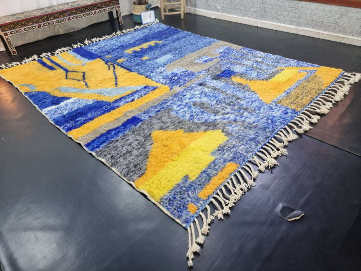 UNIQUE BENIOURAIN RUG, Moroccan Rug, Blue  Yellow Rug, Abstract Rug, Handmade Rug, Handwoven Rug, Plain Rug, Bohemian Rug, Blue Area Rug