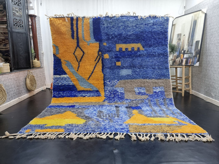 UNIQUE BENIOURAIN RUG, Moroccan Rug, Blue  Yellow Rug, Abstract Rug, Handmade Rug, Handwoven Rug, Plain Rug, Bohemian Rug, Blue Area Rug