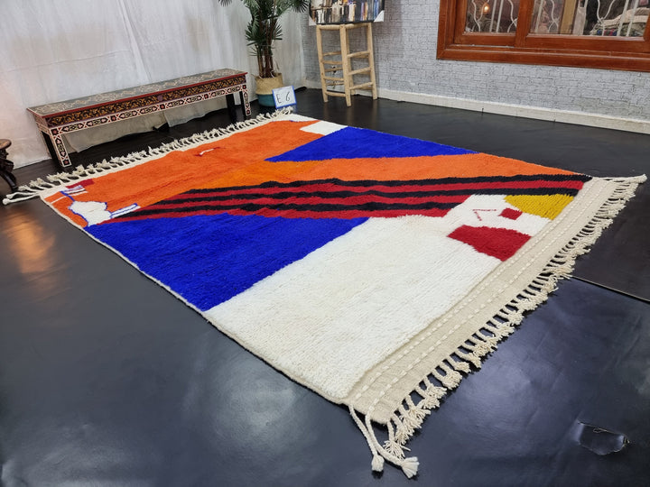 PRETTY BENIOURAIN RUG, Moroccan Handmade Rug , Orange And Blue Rug, Abstract Rug, Berber Rug, Handmade Rug, Handwoven Wool Rug, Area Wool