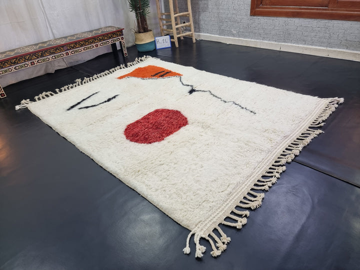 AMAZING BENIOURAIN RUG, Moroccan Rug , White  Red Rug, Abstract Rug, Handmade Rug, Handwoven Rug, Area Rug, Bohemian Rug, Plain Wool Rug