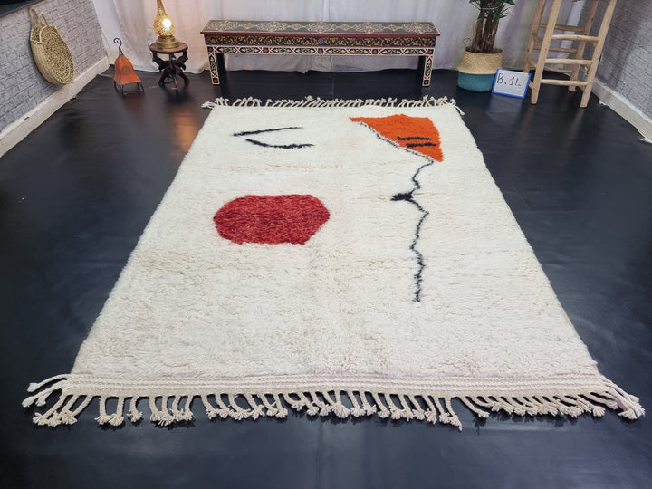 AMAZING BENIOURAIN RUG, Moroccan Rug , White  Red Rug, Abstract Rug, Handmade Rug, Handwoven Rug, Area Rug, Bohemian Rug, Plain Wool Rug