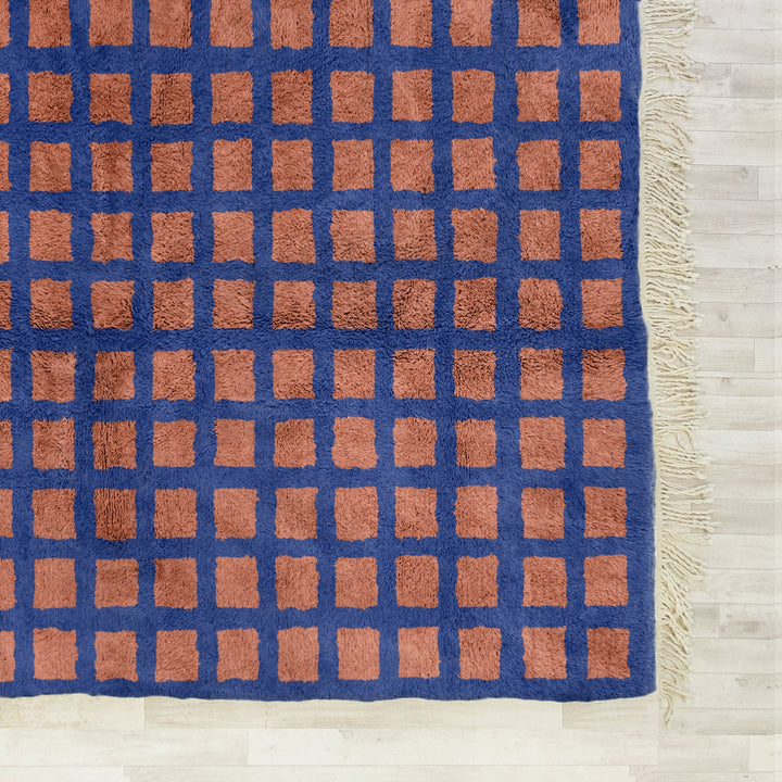 Custom Moroccan Brown and Blue Beni Ourain checkered rug