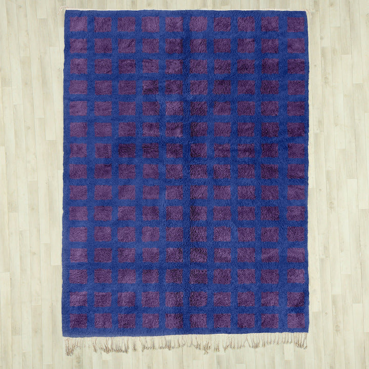 A custom Purple Bohemian Moroccan Beni Ourain checkered rug